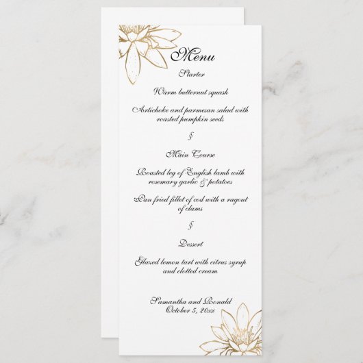 Wit, zwart en gouden trouwdiner menu kaart (Voorkant / Achterkant)