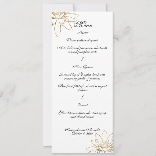 Wit, zwart en gouden trouwdiner menukaart kaart (Voorkant)