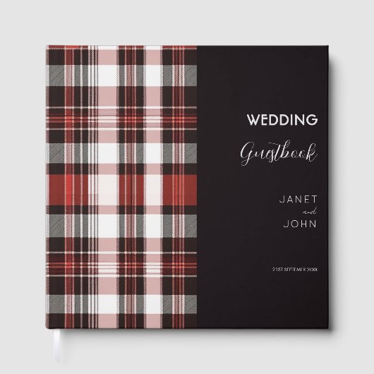 Wit, Zwart en Rood Schots Tartan Bruiloft Gastenboek (Voorkant)