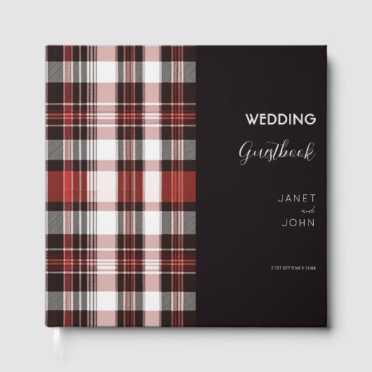 Wit, Zwart en Rood Schots Tartan Bruiloft Gastenboek (Voorkant)