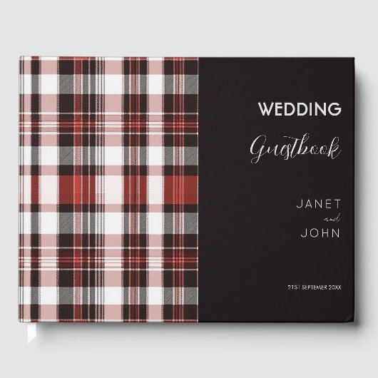 Wit, Zwart en Rood Schots Tartan Bruiloft Gastenboek (Voorkant)