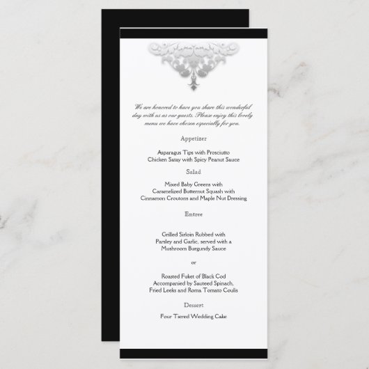 Wit Zwart en Zilver Damask Bruiloft Menu (Voorkant / Achterkant)