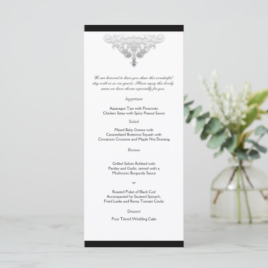 Wit Zwart en Zilver Damask Bruiloft Menu (Staand voorkant)