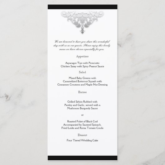 Wit Zwart en Zilver Damask Bruiloft Menu (Voorkant)