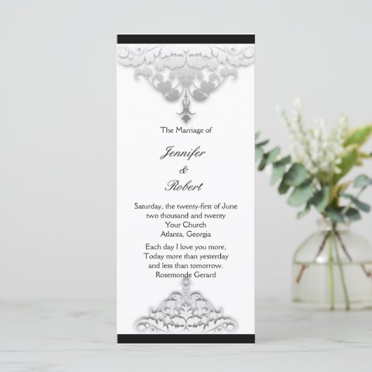 Wit Zwart en Zilver Damask Trouwprogramma Programmakaart (Staand voorkant)