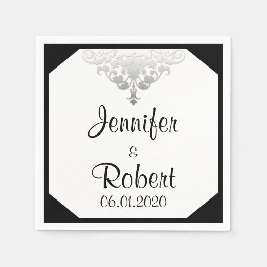 Wit Zwart en Zilver Damask Trouwservet Servetten (Voorkant)