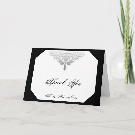 Wit Zwart en Zilver Damast Bedankkaart (Voorkant)