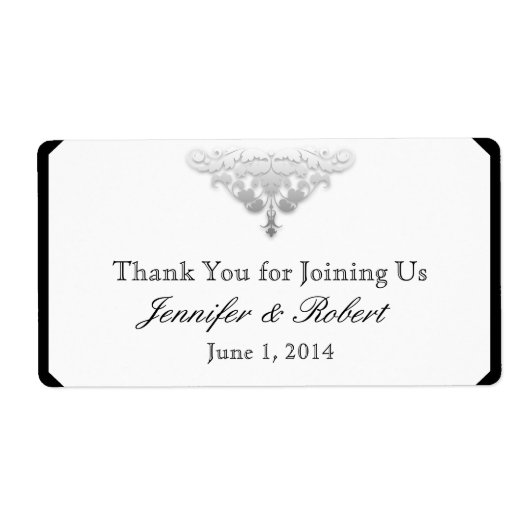 Wit Zwart en Zilver Damast Water Flessenetiket Etiket (Voorkant)