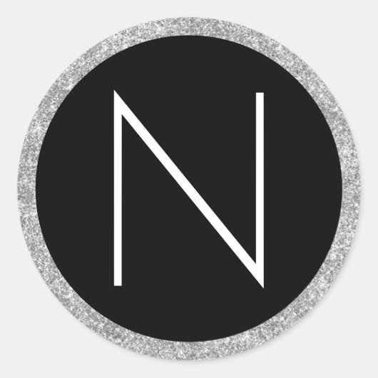 Wit Zwart en Zilver Glitter Monogram Ronde Sticker (Voorkant)