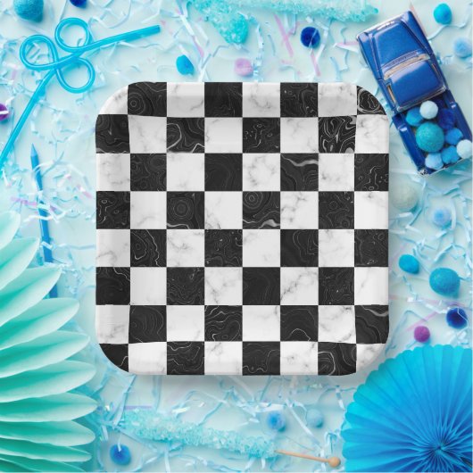 Wit Zwart en Zilver Marmeren Checkerboard Papieren Bordje (Feest)