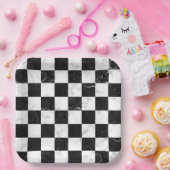 Wit Zwart en Zilver Marmeren Checkerboard Papieren Bordje (Feest)