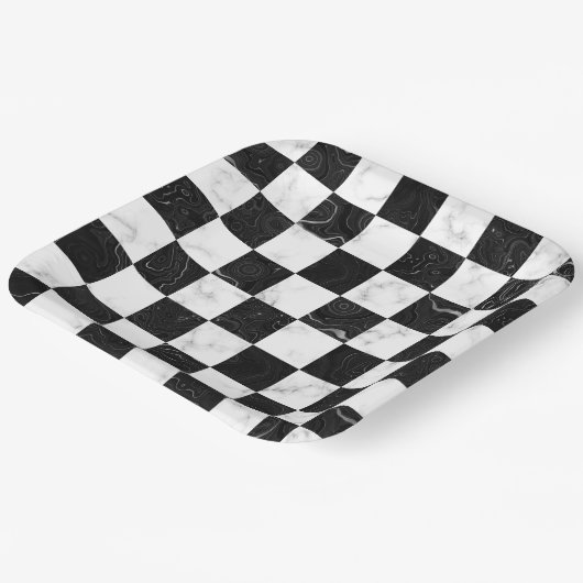 Wit Zwart en Zilver Marmeren Checkerboard Papieren Bordje (Gebogen)