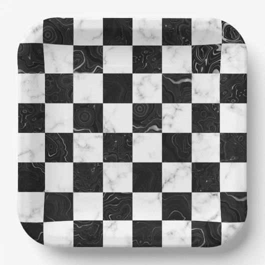 Wit Zwart en Zilver Marmeren Checkerboard Papieren Bordje (Voorkant)