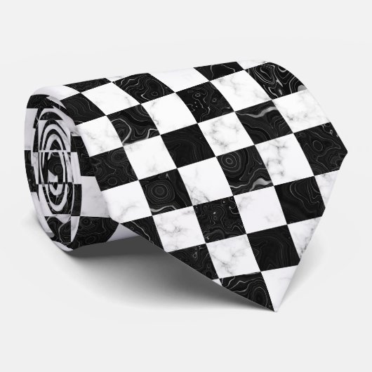 Wit Zwart en Zilver Marmeren Checkerboard Stropdas (Opgerold)