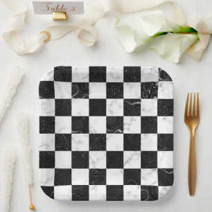 Wit Zwart en Zilveren Marmer Schaakbord Papieren Bordje