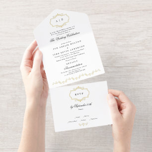 Wit Zwart Formeel Gouden Kam Monogram Bruiloft All In One Uitnodiging