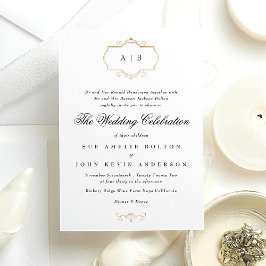 Wit Zwart Formeel Gouden Kam Monogram Bruiloft Kaart