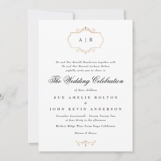 Wit Zwart Formeel Gouden Kam Monogram Bruiloft Kaart (Voorkant)