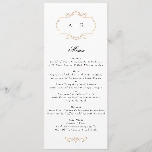 Wit Zwart Formeel Gouden Kam Monogram Bruiloft Menu (Voorkant)