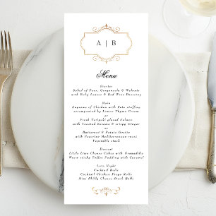 Wit Zwart Formeel Gouden Kam Monogram Bruiloft Menu