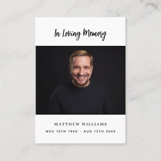 Wit zwart foto eenvoudige begrafenis gebedskaart visitekaartje (Voorkant)