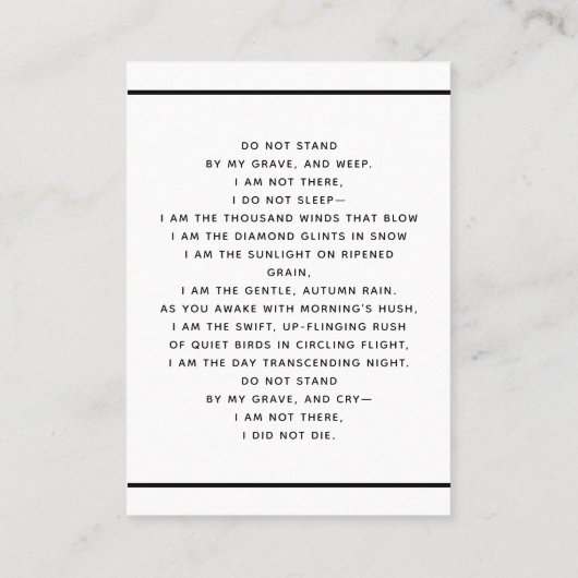 Wit zwart foto eenvoudige begrafenis gebedskaart visitekaartje (Achterkant)