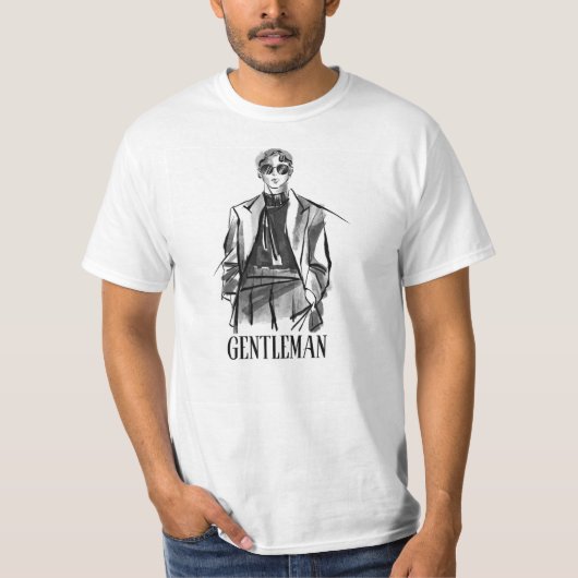 Wit Zwart Geïllustreerd Borstel Gentleman T-shirt (Voorkant)