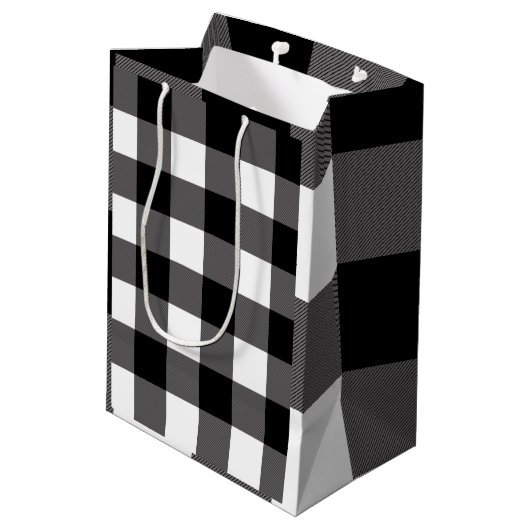 Wit & Zwart geruit vierkant Buffalo Plaid Medium Cadeauzakje (Achterkant Gekanteld)