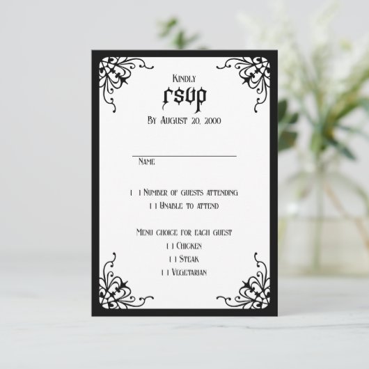 Wit Zwart Gotisch Bruiloft RSVP Kaartje (Staand voorkant)