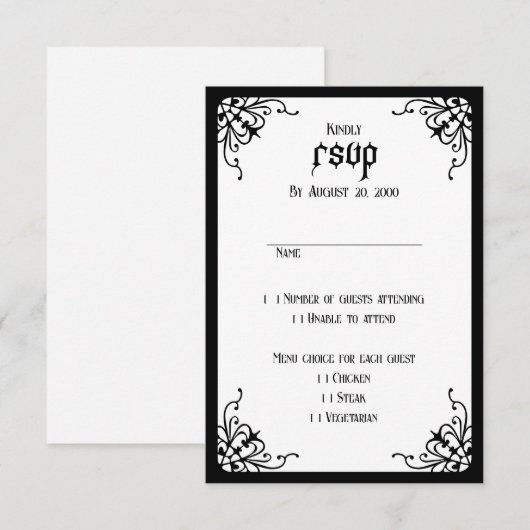 Wit Zwart Gotisch Bruiloft RSVP Kaartje (Voorkant / Achterkant)