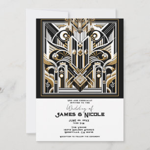Wit Zwart Goud Art Deco Bruiloft Roaring Twenties Kaart