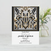 Wit Zwart Goud Art Deco Roaring 20's bruiloft Kaart (Staand voorkant)