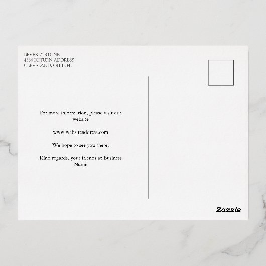 Wit Zwart & Goud Brede Logo Grand Opening Folie Uitnodiging Briefkaart (Achterkant)