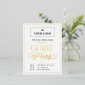 Wit Zwart & Goud Brede Logo Grand Opening Folie Uitnodiging Briefkaart (Staand Voorkant)