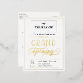 Wit Zwart & Goud Brede Logo Grand Opening Folie Uitnodiging Briefkaart (Voorkant / Achterkant)