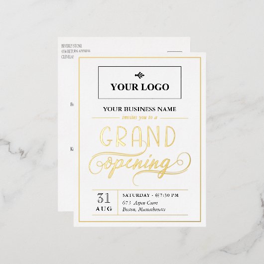 Wit Zwart & Goud Brede Logo Grand Opening Folie Uitnodiging Briefkaart (Voorkant / Achterkant)