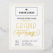 Wit Zwart & Goud Brede Logo Grand Opening Folie Uitnodiging Briefkaart (Voorkant)