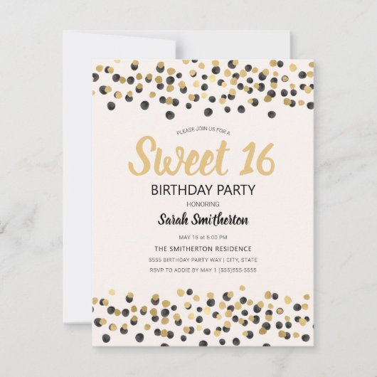 Wit Zwart Goud Confetti Glitter Sweet 16 Kaart (Voorkant)