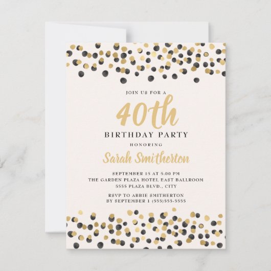 Wit Zwart Goud Confetti Glitters 40e Verjaardag Kaart (Voorkant)