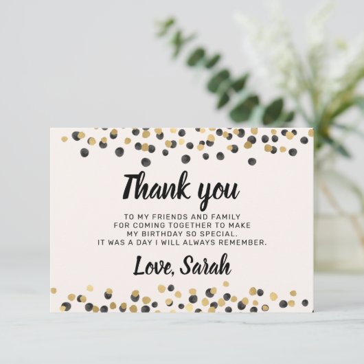Wit Zwart Goud Confetti Verjaardag Dank u Bedankkaart (Staand voorkant)