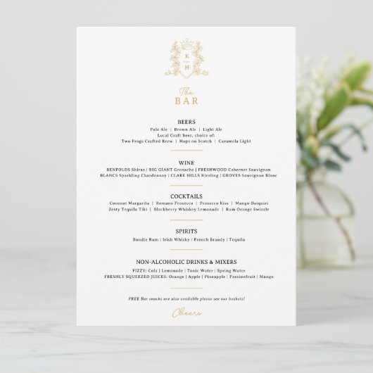 Wit zwart goud kroon crest monogram bruiloft bar menu (Staand voorkant)