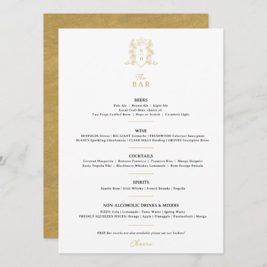 Wit zwart goud kroon crest monogram bruiloft bar menu (Voorkant / Achterkant)