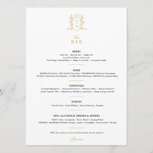 Wit zwart goud kroon crest monogram bruiloft bar menu (Voorkant)