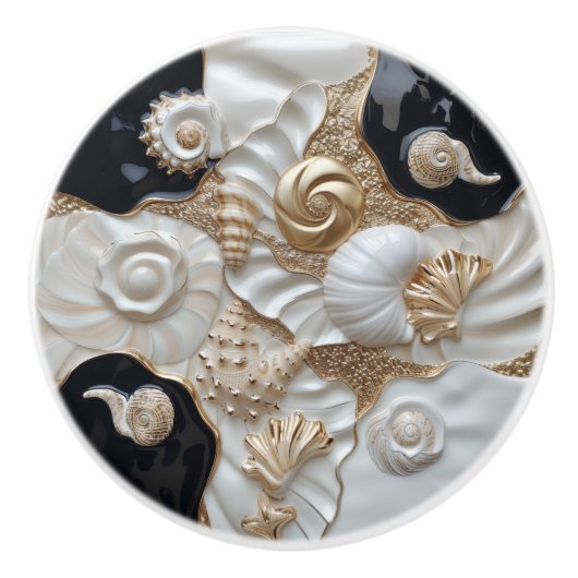 Wit Zwart Goud Seashells 3D Effect Keramische Knop (Voorkant)