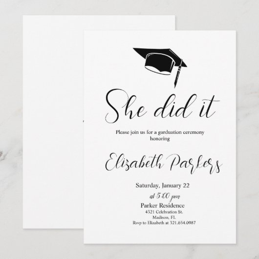 Wit Zwart Graduation Party Kaart (Voorkant / Achterkant)
