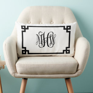 Wit Zwart Griekse Sleutel Wingerd Schrift Monogram Kussen