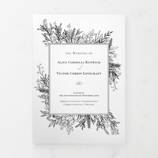 Wit Zwart Groen Bruiloft Tri-Fold Uitnodiging (Cover)