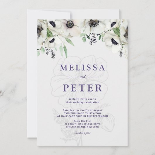 Wit Zwart Groen Elegant Anemone Bruiloft Kaart (Voorkant)