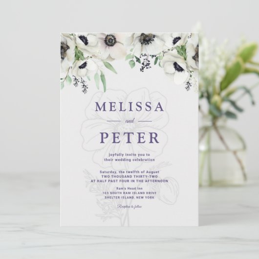 Wit Zwart Groen Elegant Anemone Bruiloft Kaart (Staand voorkant)