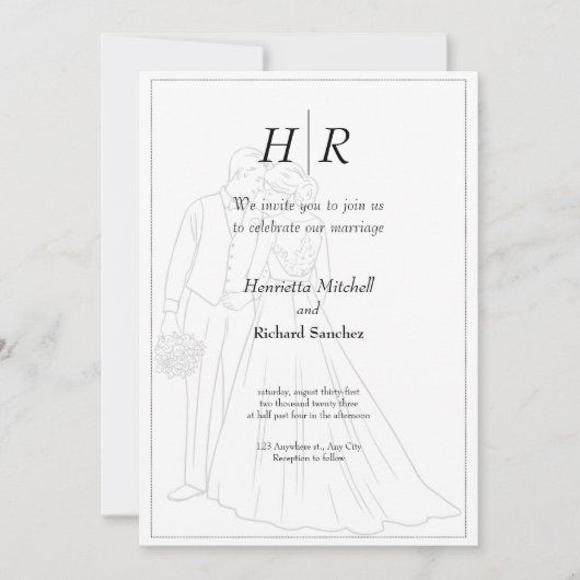 Wit Zwart Klassiek Monogram Elegant Schoon Trouwen Kaart (Voorkant)